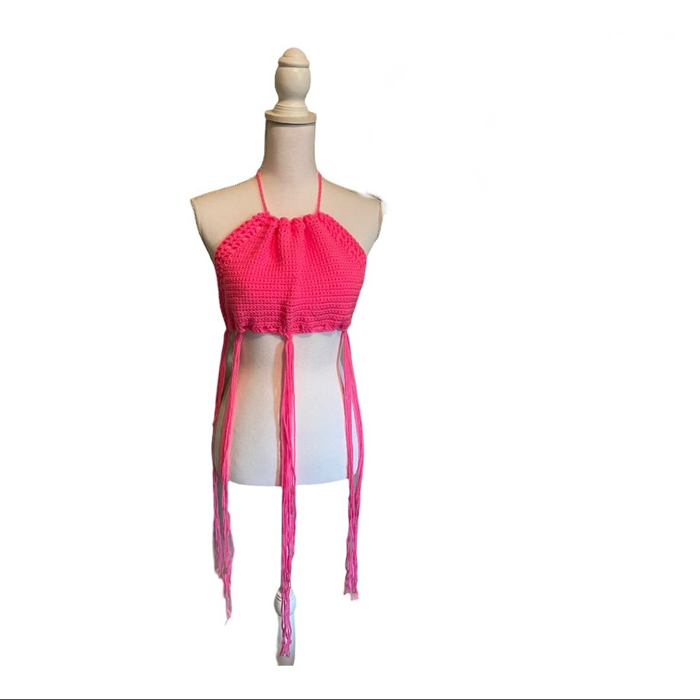 Hot Pink 🌺Crochet Halter Top with Fringes